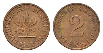 ФРГ 2 пфеннига 1962 F KM 106, J. 381 бронза 4567-1035