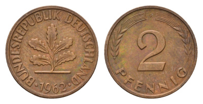 ФРГ 2 пфеннига 1962 F KM 106, J. 381 бронза 4567-1035