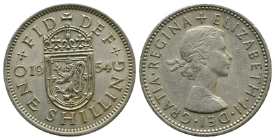 Великобритания 1 шиллинг 1954 Елизавета II (1952-2022), Шотландский герб KM 905, Spink 4148 медно-никель 4384-546