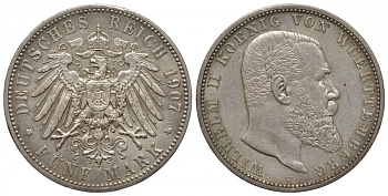 Вюртемберг 5 марок 1907 F, Вильгельм II (1891-1918) Weege 172, J. 176, KM 632 серебро 1067-2-25