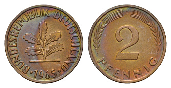 ФРГ 2 пфеннига 1965 D KM 106, J. 381 бронза 4549-631