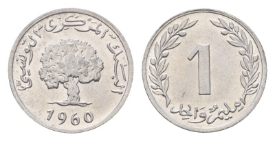 Тунис 1 миллим 1960 год-тип, пробковый дуб KM 280 алюминий UNC 4682-653