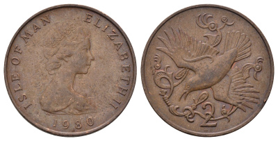 Остров Мэн 2 пенса 1980 Елизавета II (1952-2022) KM 60 бронза 4666-355