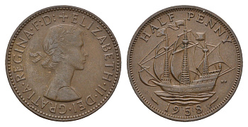 Великобритания 1/2 пенни 1958 Елизавета II (1952-2022) KM 896, Spink 4158 бронза 94-834