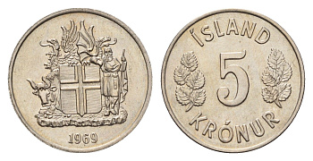 Исландия 5 крон 1969 KM 18 медно-никель UNC 4687-863