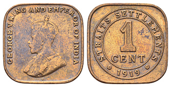 Стрейтс-Сетлментс (Стрейтс Сетлментс) 1 цент 1919 Георг V (1910-1936) KM 32 бронза 4697-1231